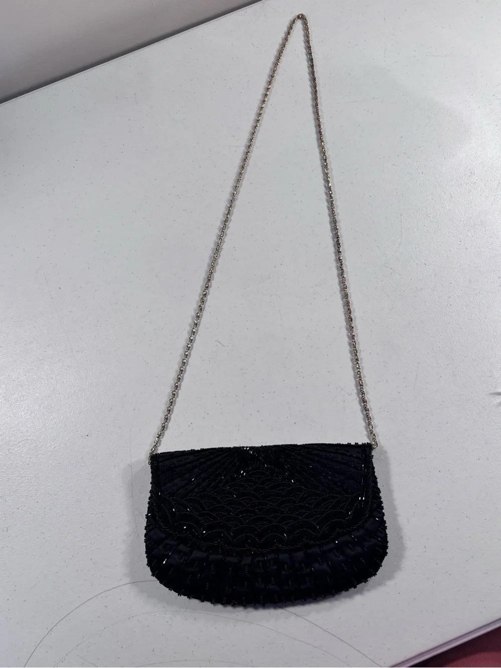 Black Beaded Evening Clutch with Gold Chain Strap